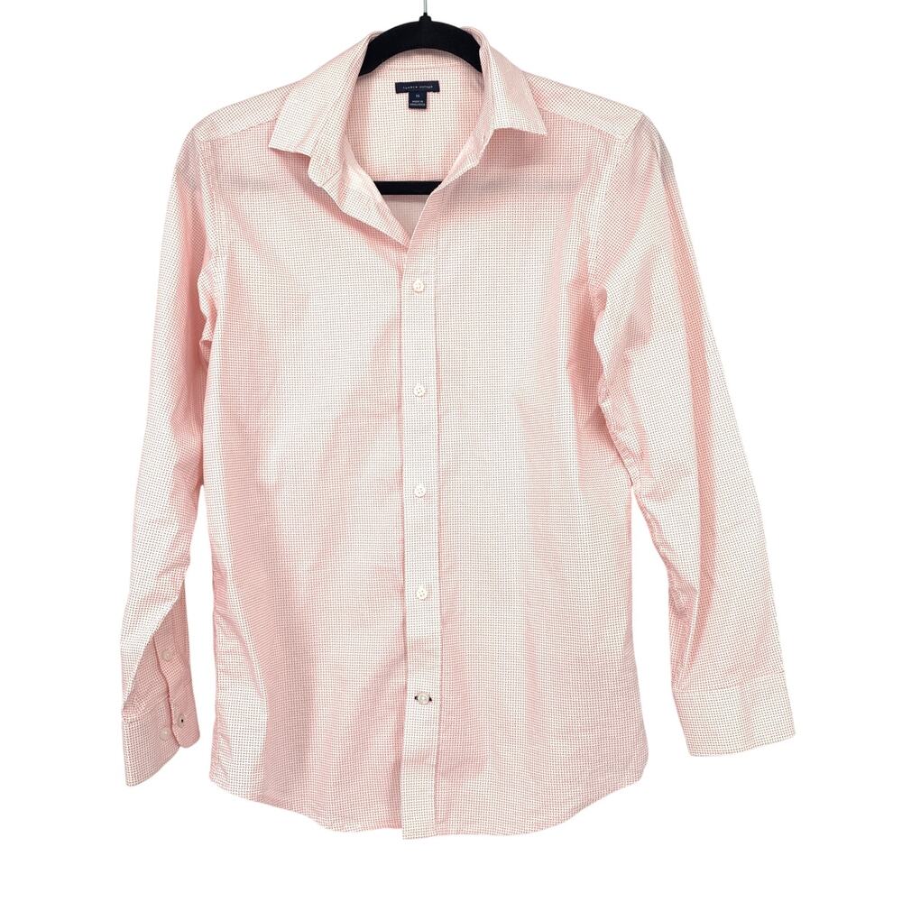 Tommy Hilfiger Long Sleeve Button Front Shirt Boys Sz 16 White Pink Dash Print